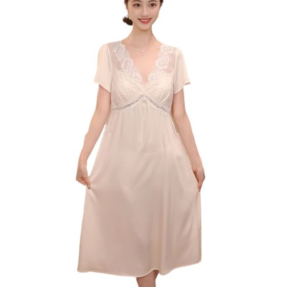 [Flower Wedding Nightgown] Mid-length Short-sleeved Lace Heavy Embroidered Elegant Nightgown with Chest Pad Fairy Home Clothes