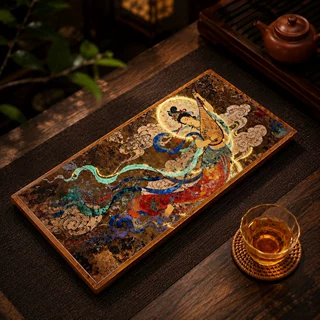 高端敦煌飞天文创茶盘手绘烤瓷重竹长方形家用干泡台茶席茶托盘I1
