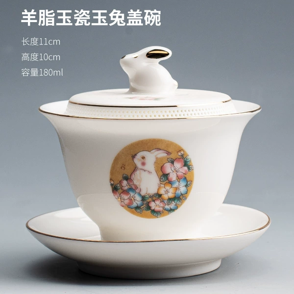 Sheep fat porcelain jade rabbit cover bowl 180ml