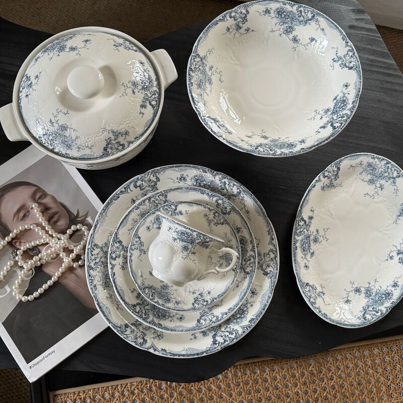 レトロなフランス式レリーフレース純白レースセラミック食器カップ高足盤中古重工シリーズ|undefined