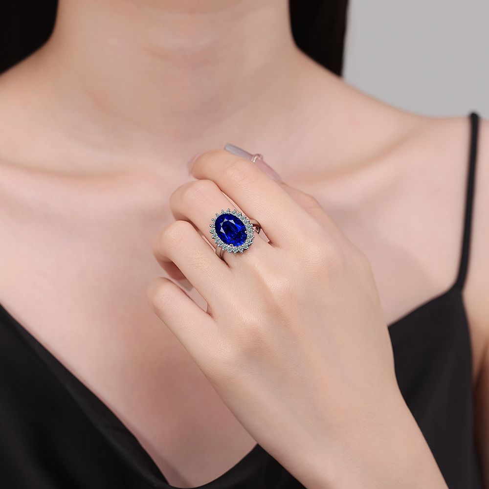 Heart Ring With Blue Gemstone And Zircon Open Adjustable Design_voghion.com