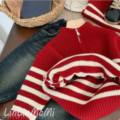Red Knit Sweater for Boys - Autumn/Winter 2025, Snake Year - Stylish Children's Striped Line Sweatshirt, Baby Festive New Year Top, Trendy
