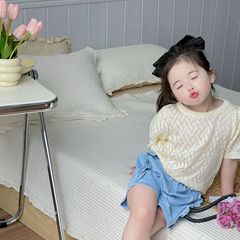 2023 Summer New Girls' Short Sleeve Knit Top, Stylish Thin Version with Bowknot Lace-Up Top Baby Bubble Sleeve Clothing