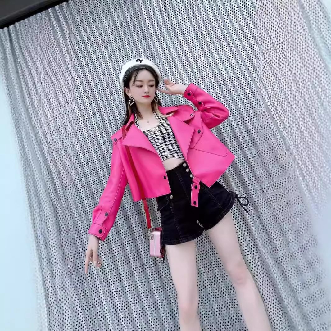 经典复合空气层真皮绵羊皮皮衣外套阔版短款粉色玫红女式夹克机车