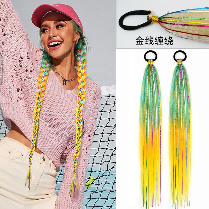 Wig Ponytail Colorful Braided Hair Wrapped Long Ponytail Hair Extension Elastic Hair Band Colorful Gradient Fluffy Chemical Fiber Hair