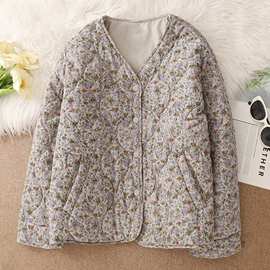 实拍2025秋冬季新款时尚休闲百搭气质宽松夹棉加厚碎花棉保暖外套