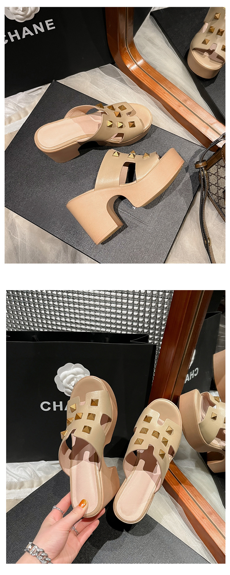 Sandal cao gót nữ hở mũi đinh tán phong cách châu Âu, gót thô đế xuồng, dáng lười tiện lợi — màu mơ chi tiết 17