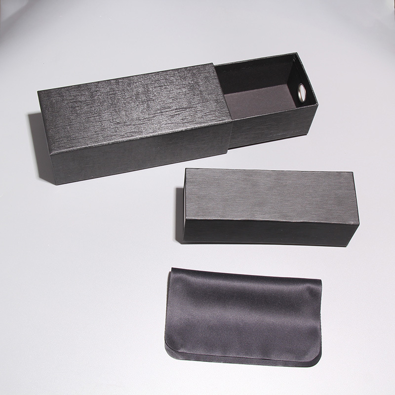 定制手工高品质黑色拉丝眼镜盒套装 带圆孔抽拉硬纸盒太阳镜盒子|ru