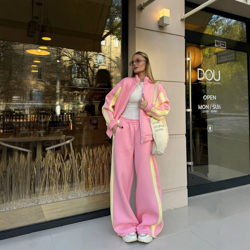 Cross-border casual European and American women's color-blocked two-piece set: zip-up stand-collar cardigan jacket and elastic waistband striped sweatpants Cross-border casual European and American women's color-blocked two-piece set: zip-up stand-collar cardigan jacket and elastic waistband striped sweatpants
