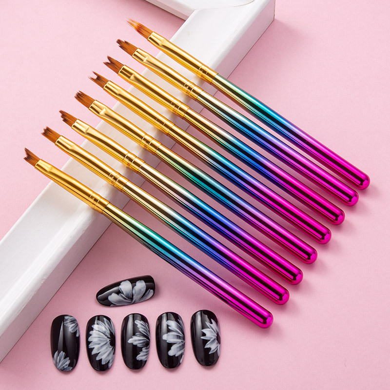 跨境美甲花卉笔 花瓣画花笔彩绘笔彩虹渐变笔杆法式甲套装笔8支装