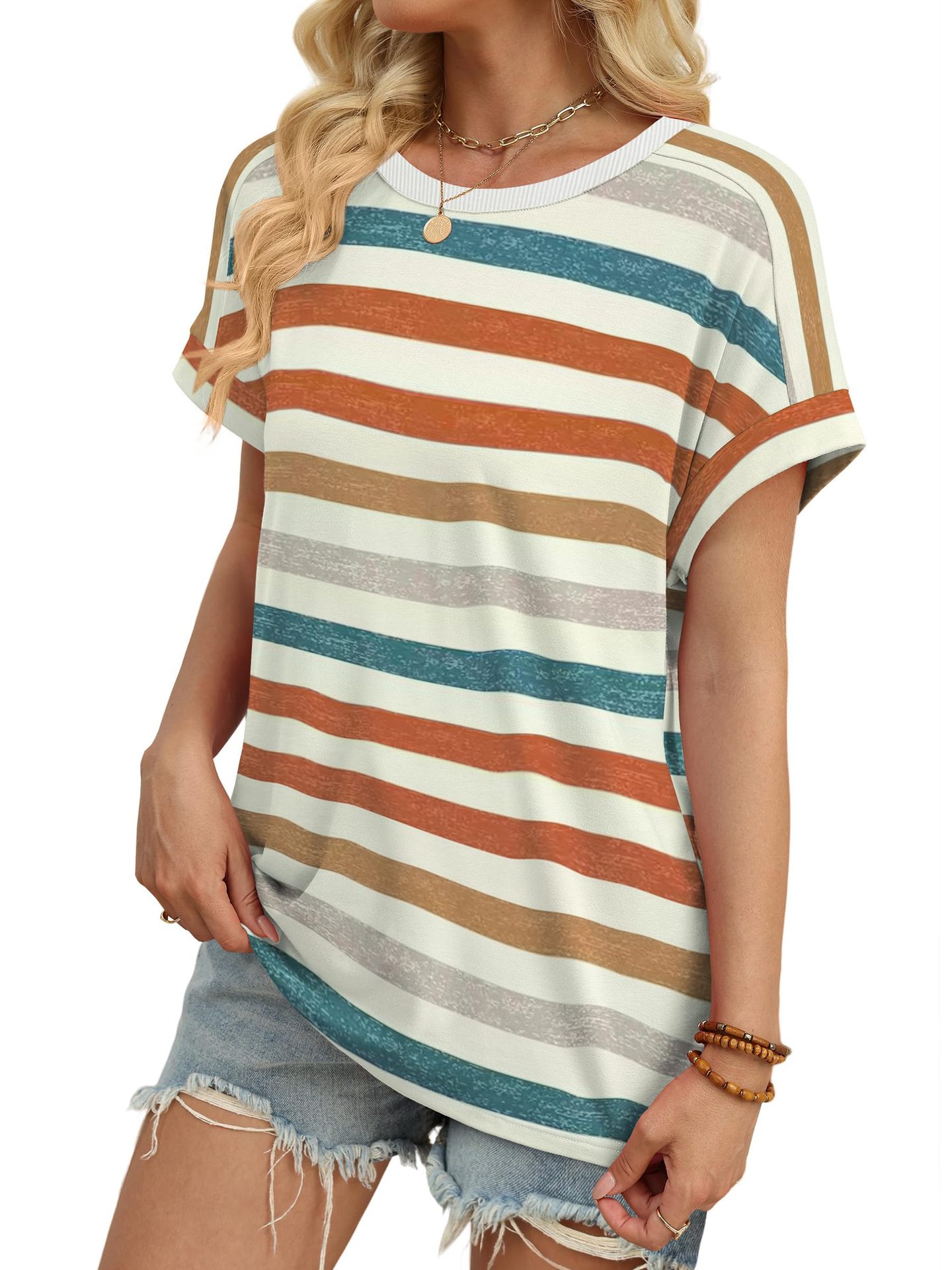 Summer New Women's Round Neck Casual Striped T-Shirt Short Sleeve Top American Style_ecoleips.com