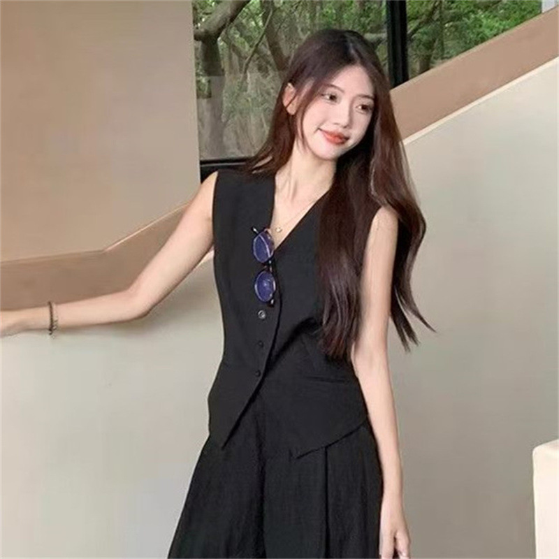 New Korean-Style Old Money Style Single-Breasted High-End Vest Set, Summer Elegant New Fashion Wide-Leg Pants Two-Piece Set