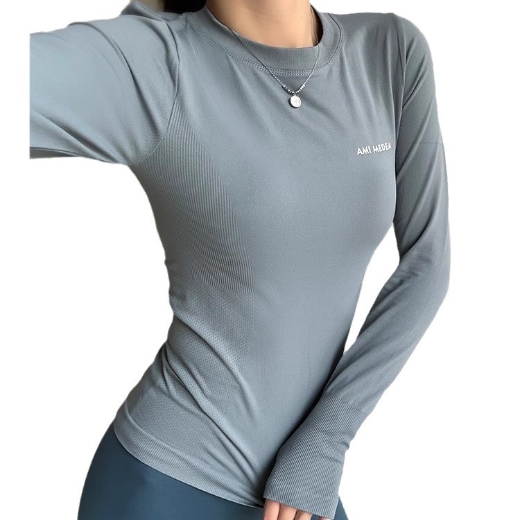 여성용 요가복 새로운 탄력성 타이트 긴팔 러닝 아웃도어 스포츠 속건성 상의 필라테스 트레이닝 피트니스복