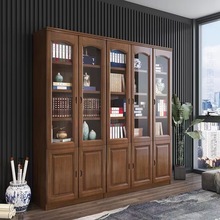 实木落地书柜带玻璃门一体简约中式书架客厅现代书橱办公室文件柜