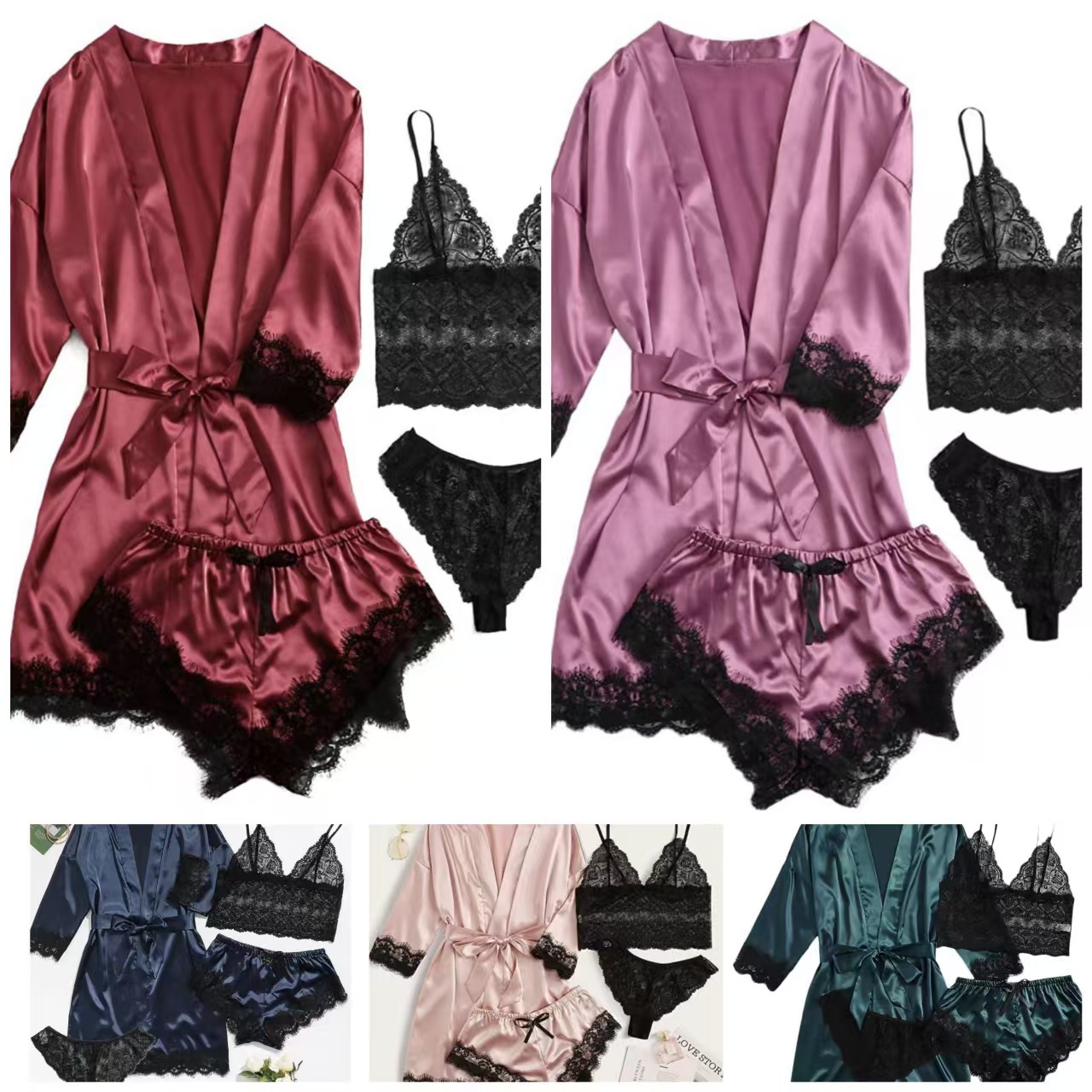 Foreign Trade Amazon European and American Women's Pajamas Four-Piece Set Sexy Intimates Large Size New Lace Home Clothes Manufacturer
