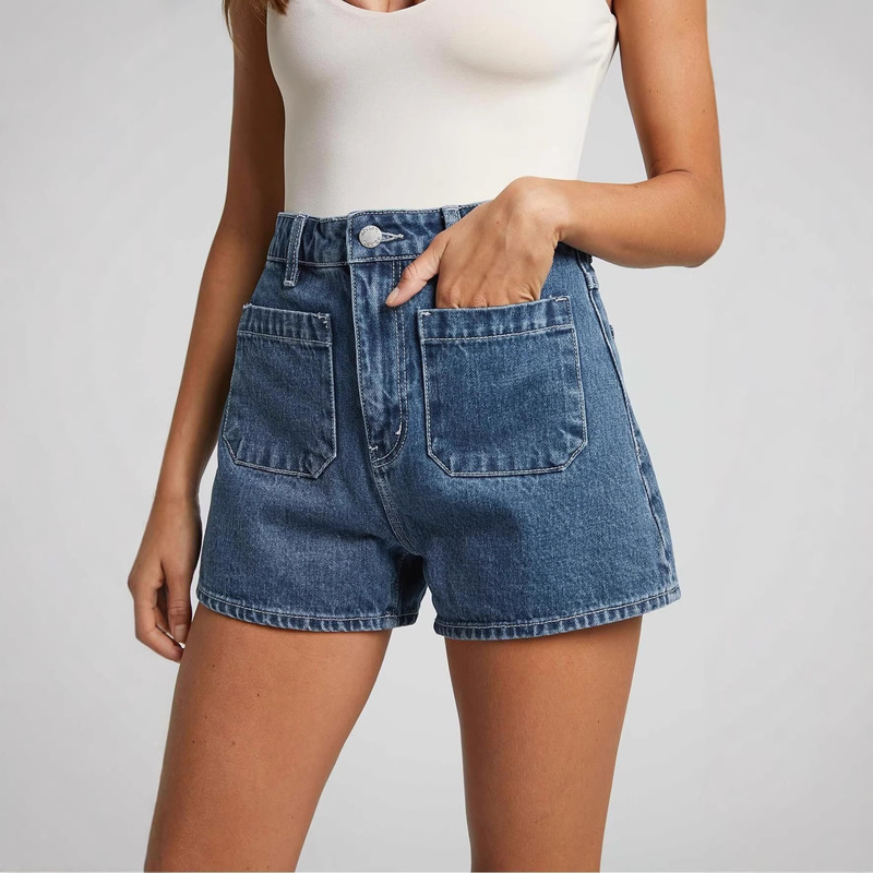 2026 Women's Summer New Style European and American Cross-Border Amazon Independent Site Front Pocket Mid-Waist Curve Elastic Denim Shorts