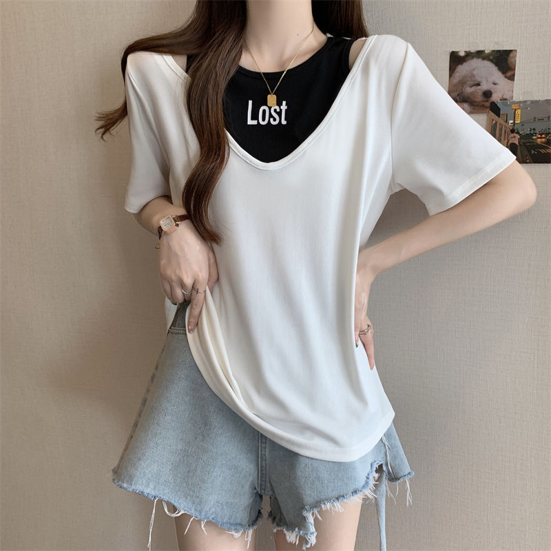 Tallas grandes para mujer que cubre el vientre impreso hombro manga corta camiseta hueca hermana gorda de las mujeres que adelgaza suelta falso top de dos piezas image 5