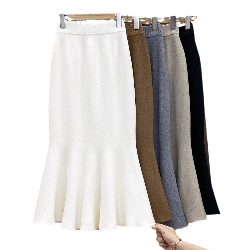 GraceChic Orta Boy Örme Denizkızı Etek Kadınlar İçin 2023 Sonbahar Kış Fransız Retro Çok Yönlü Yüksek Bel Dar Kesim Zarif Yarım Etek_voghion.com