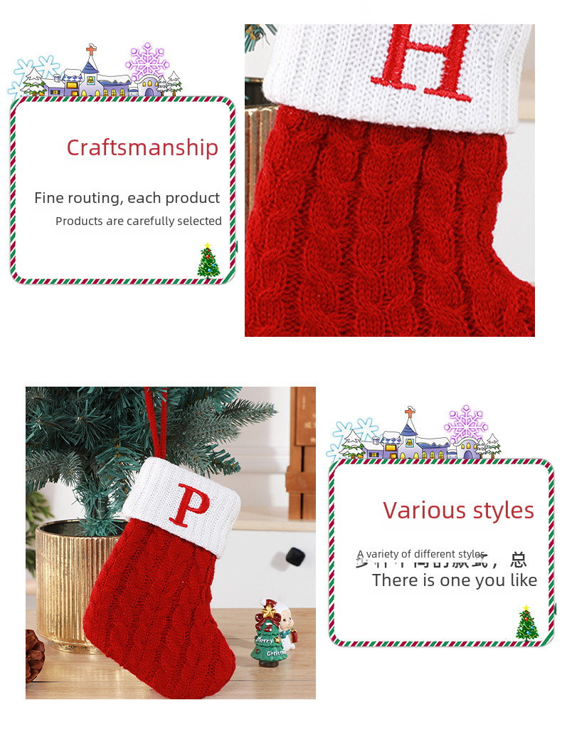 Niedliche Brief Weihnachtssocken Dekoration kreativer Weihnachtsbaumanhänger Weihnachtswind Wolle gestrickte Socken Dekoration Requisiten_voghion.com