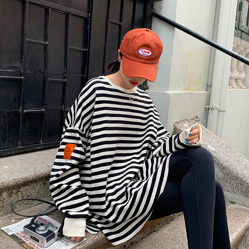 春秋のストライプ配色マタニティトップス長袖Tシャツスウェットシャツネットセレブ風インナー兼アウターゆったりツーピースセット|undefined