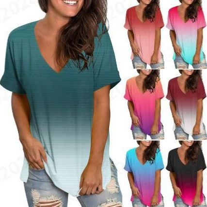 Женская модная футболка с V-образным вырезом и короткими рукавами, градиентная Футболка с принтом тай-дай, 2024, Amazon