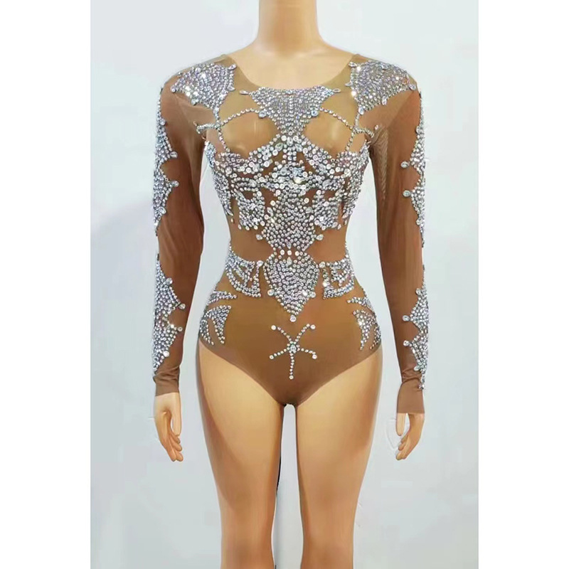 NOVANCE Brown diamond-Embedded gran cuello redondo manga larga cremallera diseño Sexy Slim-Fit fiesta cumpleaños bola mono