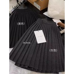 miu系灰色百褶裙高腰针织半身裙女秋冬毛呢裙子小个子半裙a字短裙