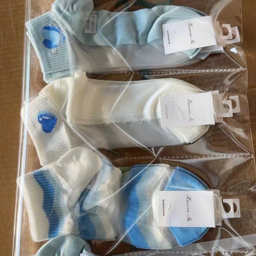 Glass Silk Crystal Socks Women Ins Trendy Summer Thin Transparent Short Socks Smiley Letter Ultra-thin Pure Cotton Bottom Boat Socks