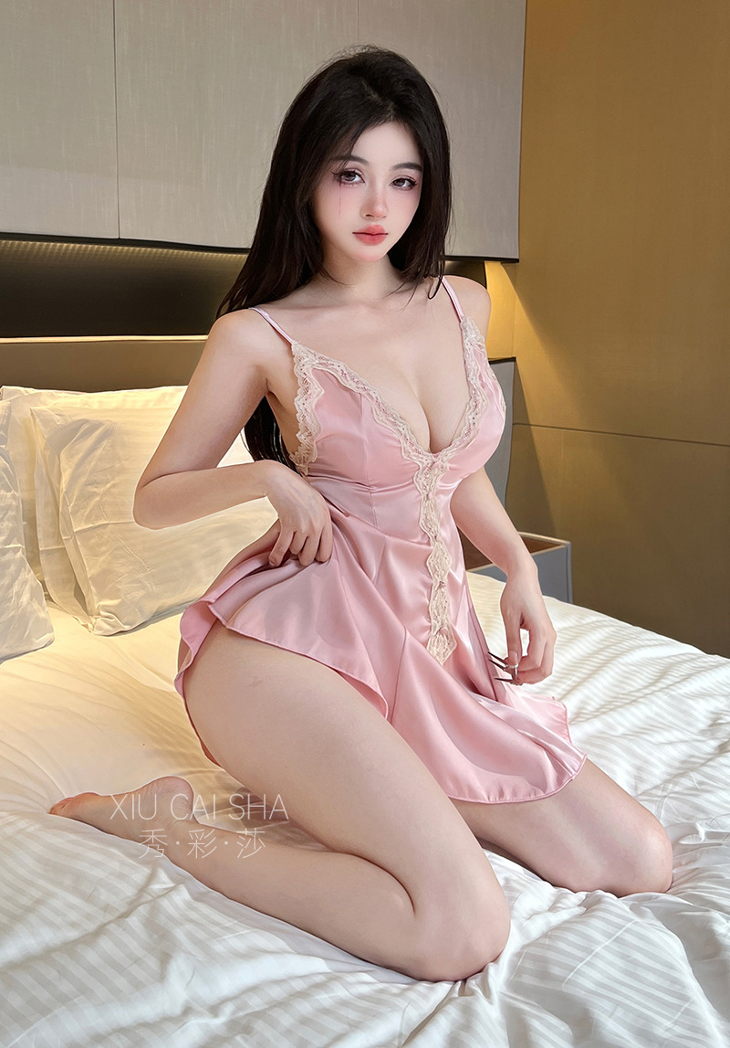 Lace Satin Babydoll Set with Suspender Skirt and Robe, Pink One Size — detail image 12