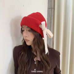 批发韩国2025年秋冬新款蝴蝶结羊毛混纺护耳毛线帽女大头围针织帽