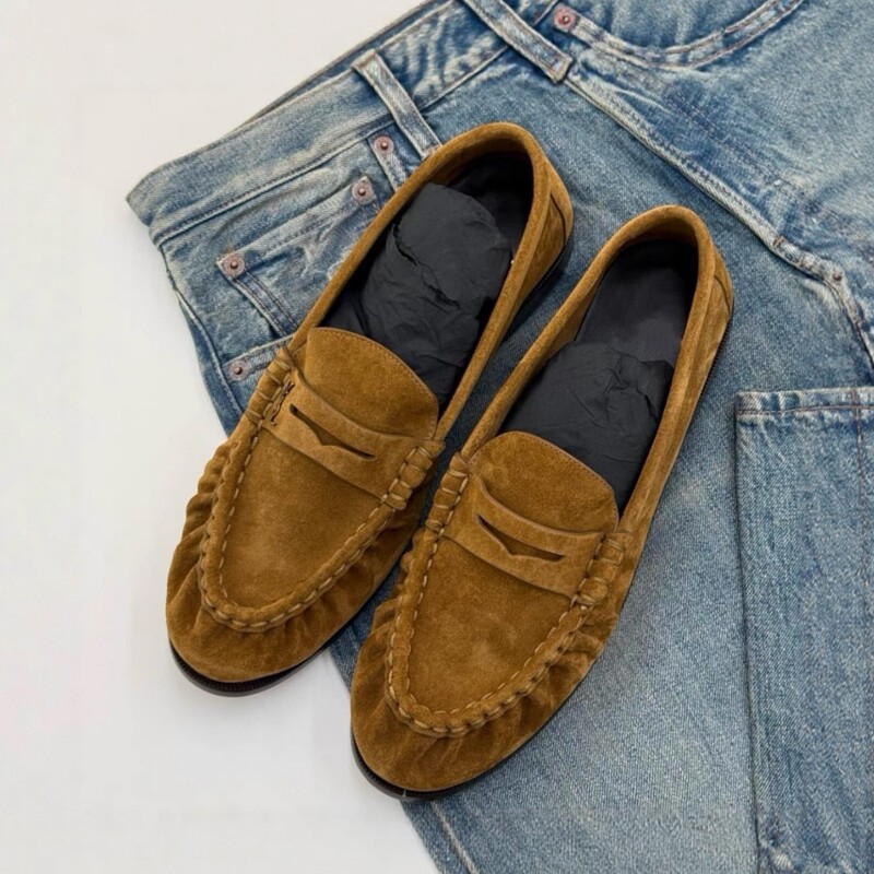 In Stock~ Women's Suede Round-Toe Pleated Slip-On Loafers, Low Heel, Versatile, Spring 2026 Model, Cross-Border