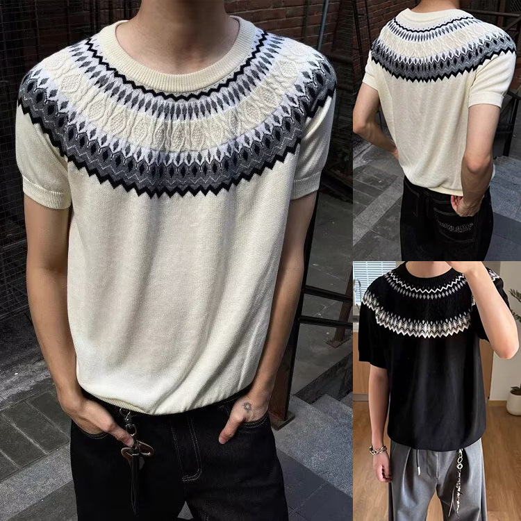 Isla de Fair camiseta de punto de manga corta camiseta de cuello redondo jacquard hombre viejo estilo casual hielo de verano fábrica transfronteriza mayorista