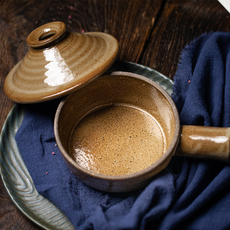 Foreign trade single tableware micro-flaw picking stoneware steamed egg bowl with handle breakfast bowl household microwave oven with lid small bowl