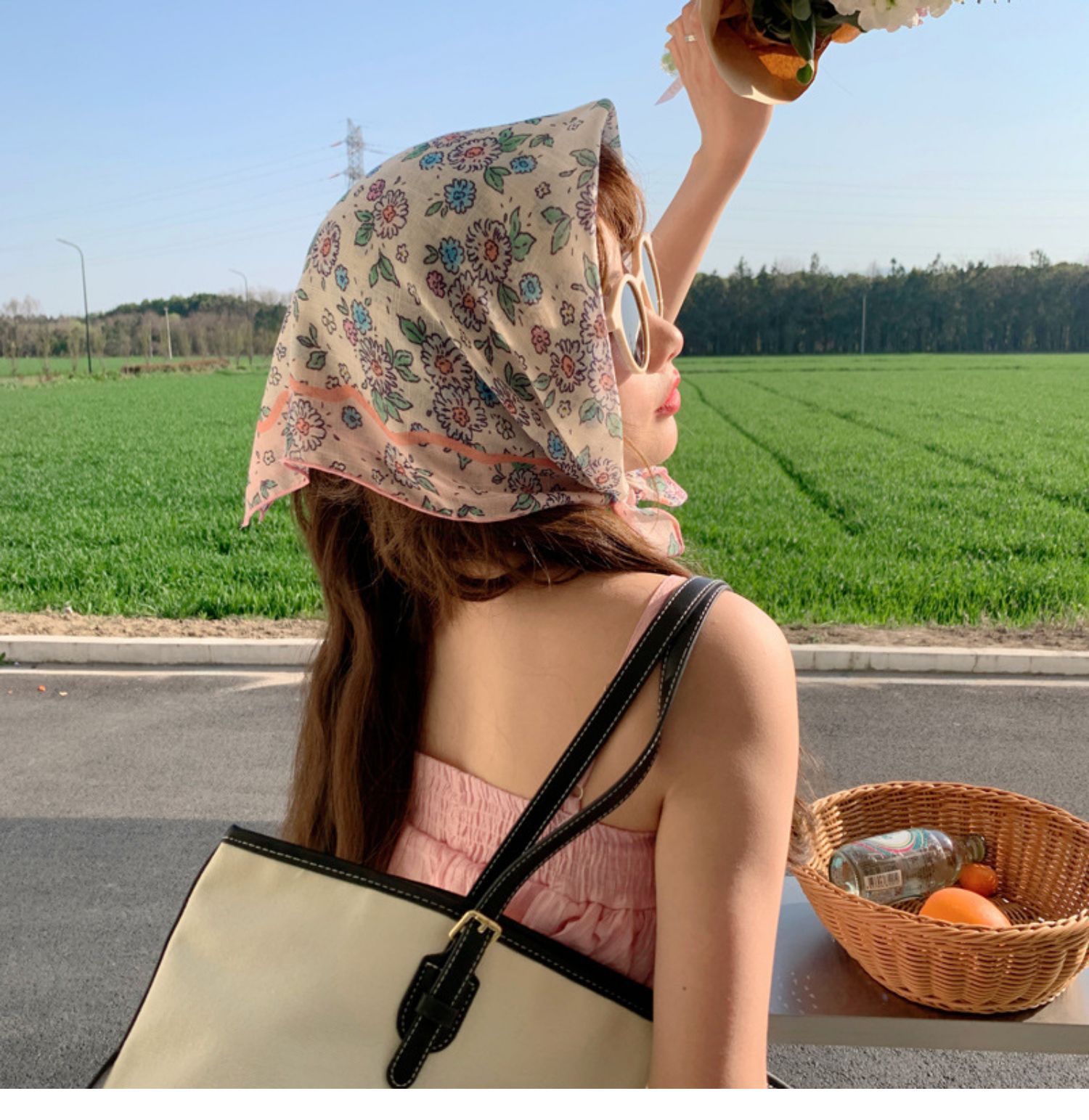 小清新棉麻围巾小方巾女花朵小碎花文艺复古领巾春夏装饰发带头巾