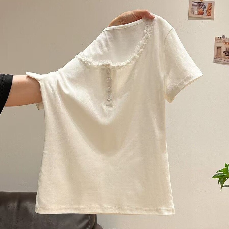 Cross-Border Wholesale Summer 40-Count Cotton Button-Down Slim-Fit Short-Sleeve T-Shirt for Women, Versatile and Simple Top Cross-Border Wholesale Summer 40-Count Cotton Button-Down Slim-Fit Short-Sleeve T-Shirt for Women, Versatile and Simple Top