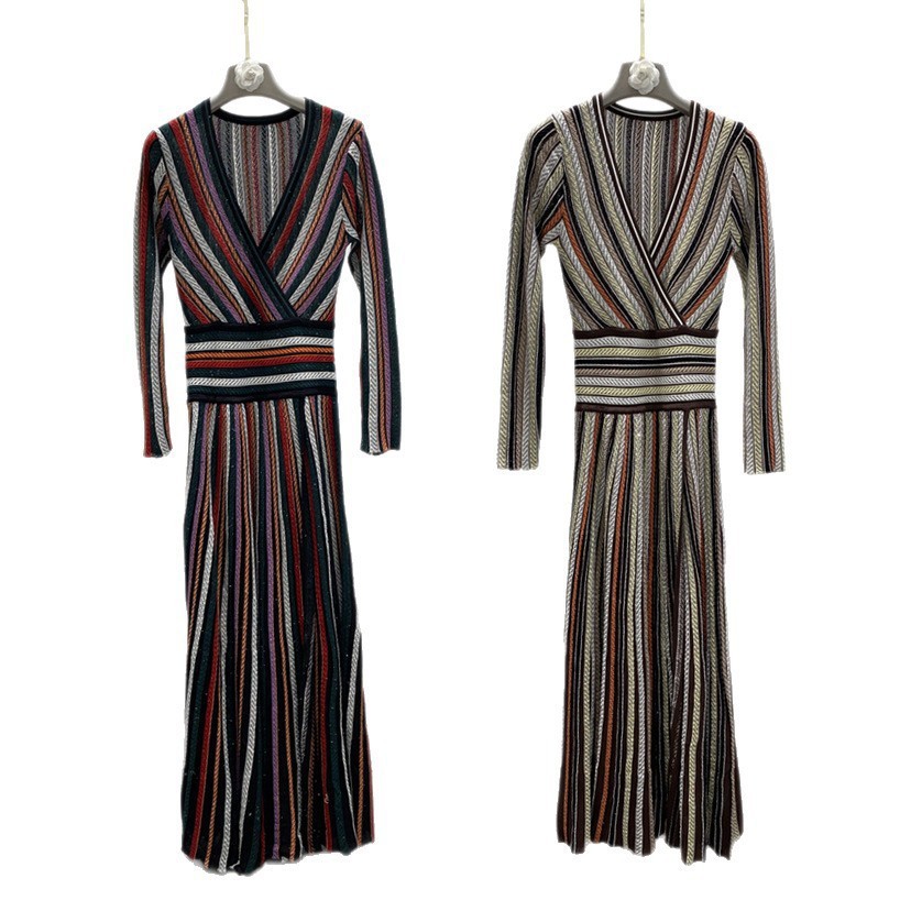 欧美风彩条纹薄款金银线性感V领连衣裙过膝长裙跨境电商货源工厂