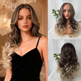 欧美跨境新款异国时尚风情中分长卷发棕色渐变色全头套假发现货