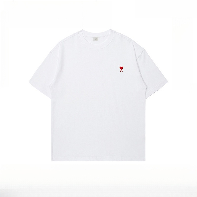 Cross-Border Ami&Easy Trendy Brand High-Quality Heart Embroidery Men's Short-Sleeve Summer Sports Casual T-Shirt White