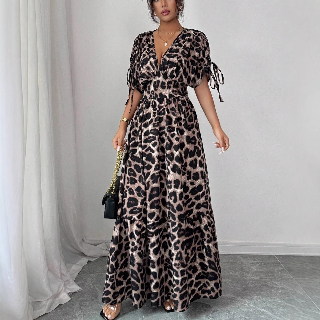 New Cross-Border Elegant Leopard Print V-Neck Long Skirt Dress European and American Amazon