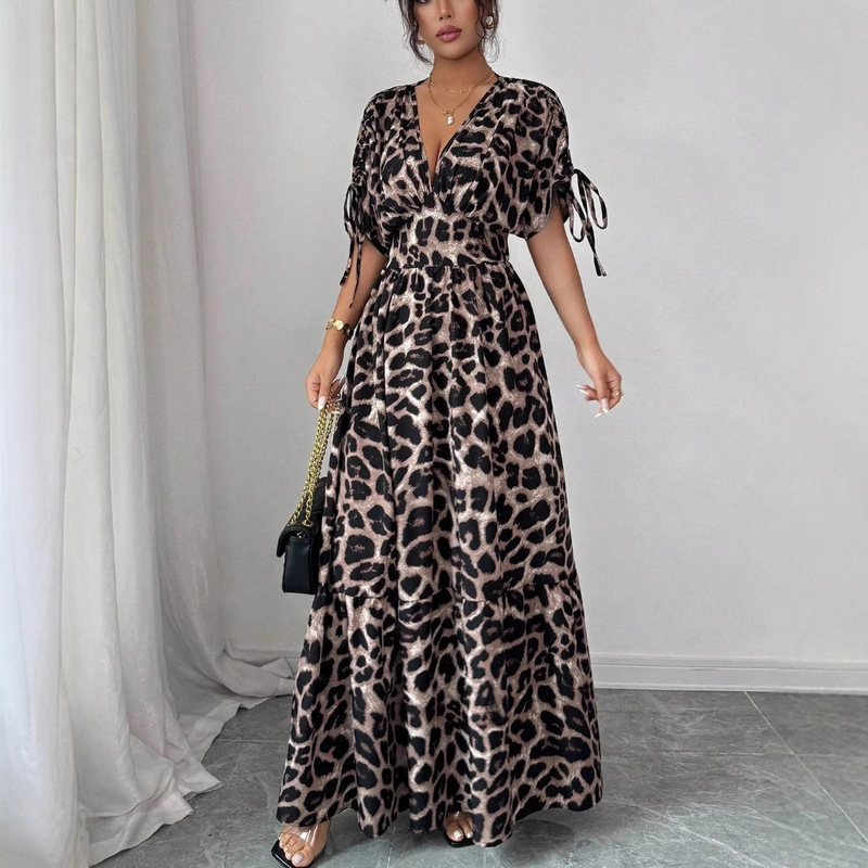 New Cross-Border Elegant Leopard Print V-Neck Long Skirt Dress European and American Amazon
