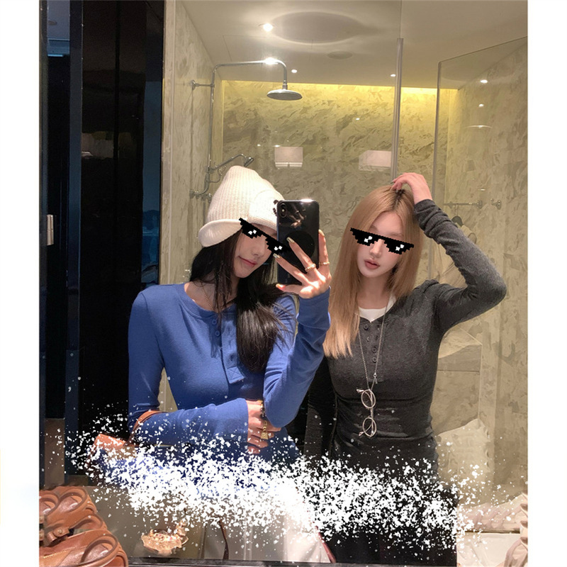 Ouyang Knitted Long Sleeve T-Shirt for Women, Autumn Henry Neck Vintage Base Layer Slim Fit Top