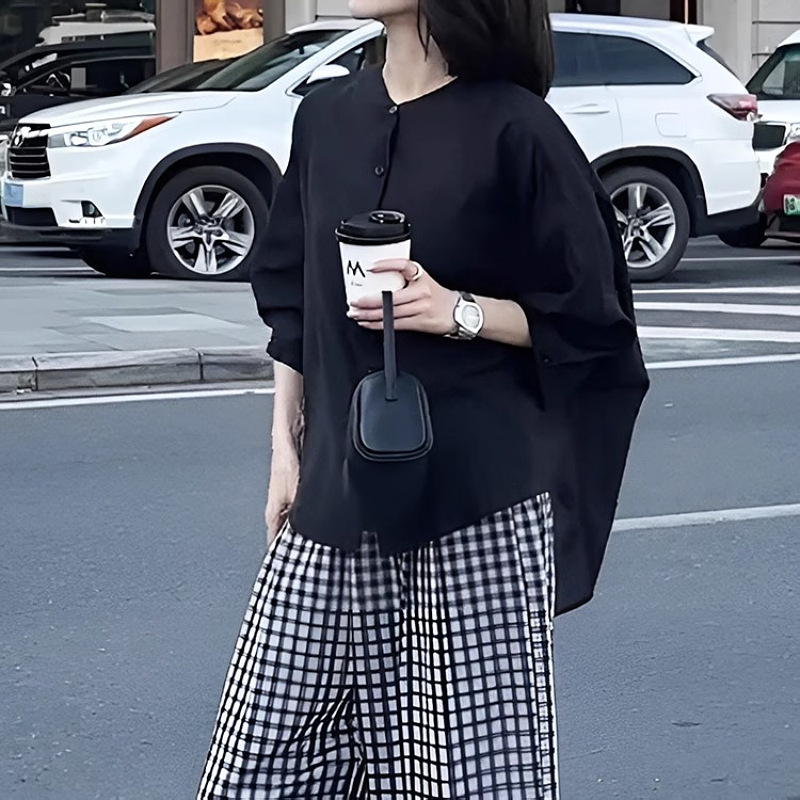 法式薄款黑色七分袖女胖MM高级感气质通勤显瘦宽松巨好看休闲上衣|undefined