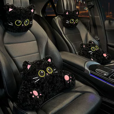 Plush Car Lumbar Pillow Set – Headrest - black-huggable-cat-headrest-lumbar-support-set-of-4