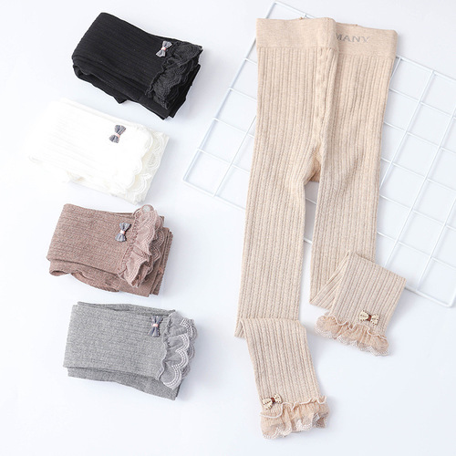 Children's leggings  spring nine-point pantyhose manufacturer wholesale lace edge bow girl baby pantyhose