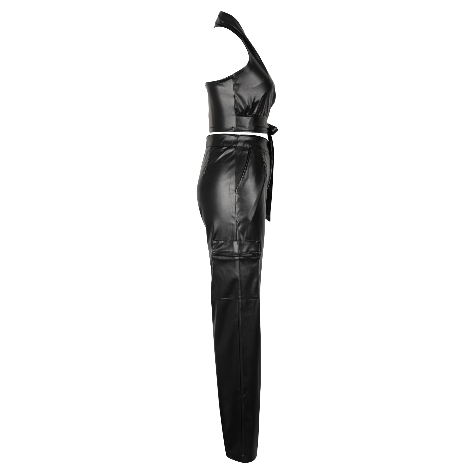 Women Clothing Faux Leather Sleeveless Halter Sexy Leather Pants Two Piece Summer