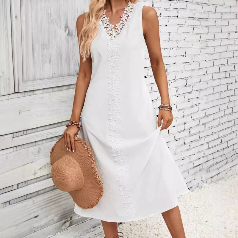 Foreign trade new bohemian sleeveless summer lace stitching long dress
