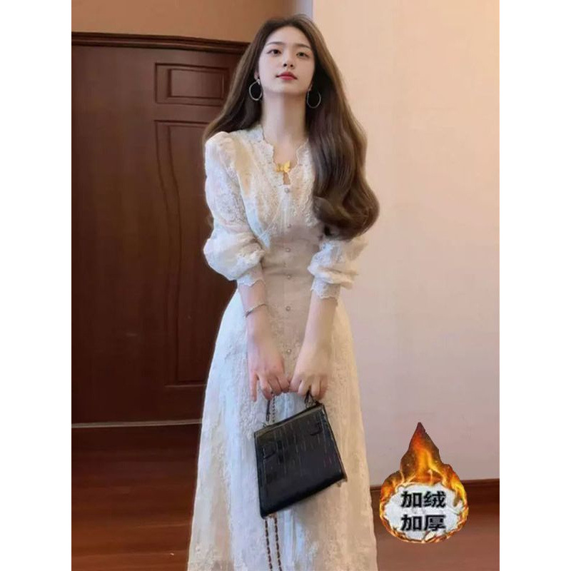 Gentle Style Lace Embroidered Dress, New Style for Women, Autumn and Winter, Fleece-Lined and Thickened, French-Style Elegant Inner Long Dress with Mesh Gentle Style Lace Embroidered Dress, New Style for Women, Autumn and Winter, Fleece-Lined and Thickened, French-Style Elegant Inner Long Dress with Mesh