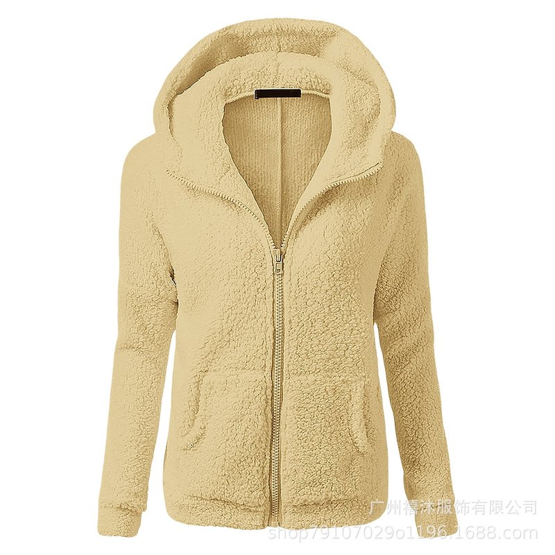 亚马逊2025秋冬新款女士时尚纯色卫衣宽松连帽毛绒拉链外套上衣|undefined
