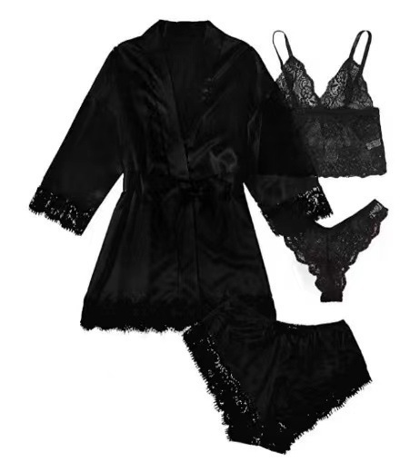 新しい欧米の女性の家の服のパジャマの4つのセットのレースのサテンのガーターの女性の夏のセットのパジャマのショートパンツの卸売り|undefined