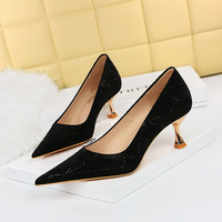 1961-3 European and American Style Sexy Slim High Heel Metal Heel Cloth Surface Shallow Mouth Pointed Toe High Heel Shoes Women's Shoes Single Shoes